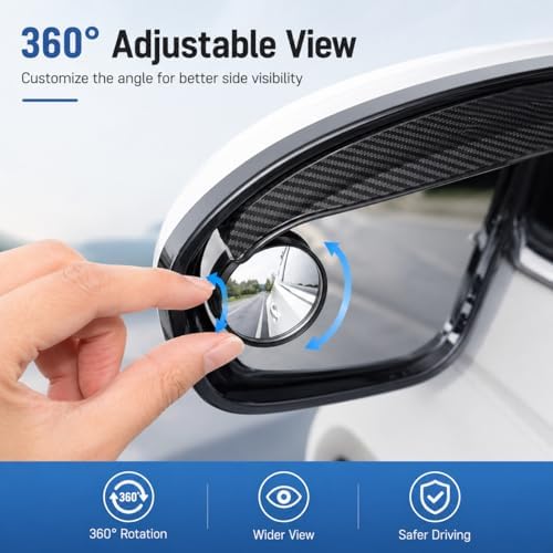 Blind Spot Mirrors for Car, 2 Pack 360° Adjustable Convex Side Mirror with Rain Guard Visor, Stick on Rear View Mirror Auxiliary Mirror for Cars, SUVs, Trucks, Parking and Lane Changing Assist