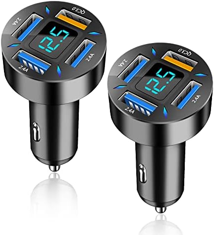Car Charger 66W Super Fast Charging with USB C&QC 3.0(Voltmeter&LED Lights) Universal Quick Charge for 12-24V Car Cigarette Lighter Plug,Compatible with iPhone 14 13,S22,iPad(2Pcs-Black-QC/PD/2.4A)