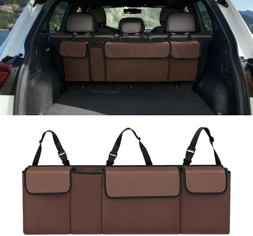 Car Trunk Organizer, Waterproof Backseat Hanging Large Storage with Adjustable Straps, Collapsible Cargo Bag with 4 Pockets, Car Interior Accessories for Truck, SUV, MPV (Brown)