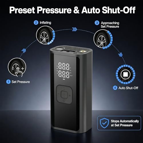 Tire Inflator Portable Air Compressor, 150 PSI 12V DC Corded Car Air Pump with Auto Shut-Off, Digital Display, LED Emergency Light, 3m Power Cord for Car, Motorcycle, Bike, Balls