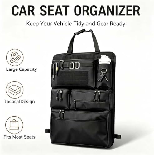 Heavy Duty Tactical Car Seat Back Organizer, Seat Back Protector with Multi Storage Pockets, All-in-One Behind Seat Storage Bag for Car, Organize Tools, Camping Gear, Travel Essentials (Black)