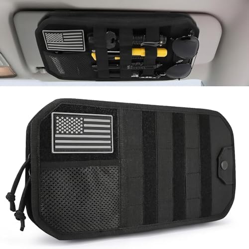Denchy Molle Car Sun Visor Organizer with Zipper Storage Pouch and Sunglasses Holder Clip, Tactical Sunvisor Organizers for Trucks, Universal Molle Panel Accessories for Truck SUV Police Car Gear