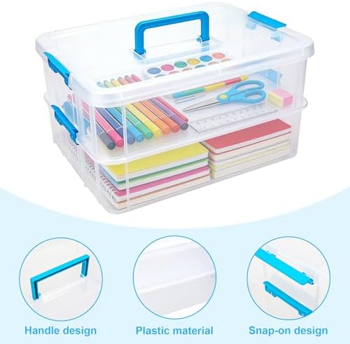 2 Tier 13" Blue Plastic Storage Box Lid Handle Craft Office Car Organizer | Stackable Multipurpose Container Box Organizer With Latching For Office, Art Craft,Sewing, Books And Car Trunk Storage,Blue