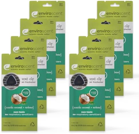 Enviroscent Non-Toxic* Car Vent Clip Air Fresheners - Single Use Auto Vent Clips - Good for All Vehicle Types -Fragrance Lasts Up to 30 Days - Seaside Coconut &amp; Verbena Scent (8 Count)