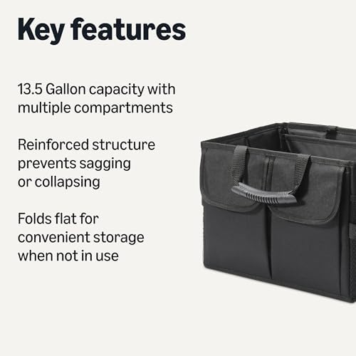 Amazon Basics Trunk Organizer for Car, Multi-Compartment Car Storage, Foldable, 13.5 Gallon, Black