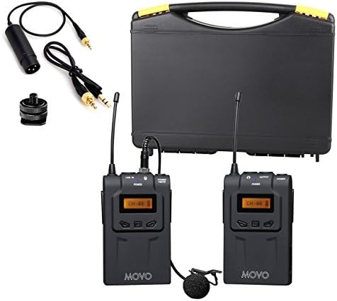 Movo WMIC70 Wireless Lavalier Microphone System - 48 Channel UHF Lapel Mic System with Cordless Mic, 3.5mm XLR Output, and Carrying Case (328-foot Range) - Lavalier Wireless Microphone System