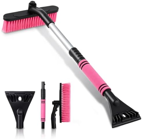 Ceenna 32" Extendable Snow Brush and Ice Scraper for Car Windshield, Pink 2 in 1 Detachable Snow Scraper with Soft Grip Handle, Rotating Brush Head Multi-Functional Removal Tool for Car, Truck, SUV