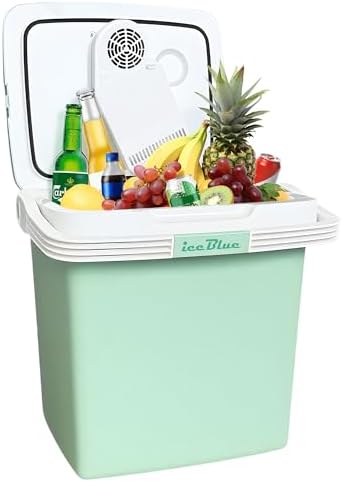 Electric Cooler, 26 Liter Mini Fridge with Automatic Locking Handle - Green | Large Capacity Car Refrigerator, Dual Use Portable Car Fridge for Travel, Outdoor, Camping, Gift