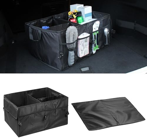 Car Trunk Organizer, Waterproof Adjustable Vehicle Storage Box, Automotive Collapsible Multi Compartment Organization Container Accessories, Universal for SUV, Sedan, Truck (Black)