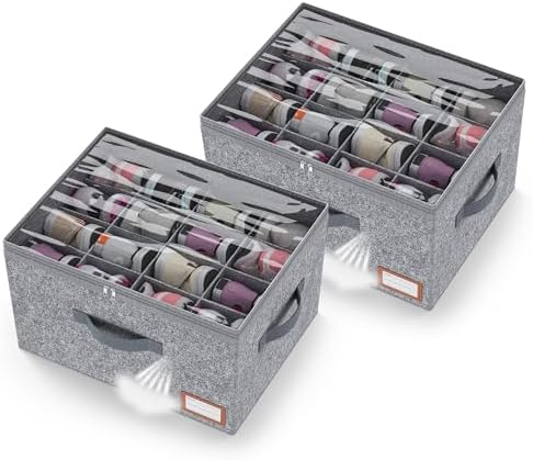 Adjustable Storage Bins for Closet, Wardrobe Clothes Organizer, Shoe Bin, Shoe Organizer, Toys, Closet Storage Solution with Clear Window (Felt Grey 32Pairs, 32Pairs)