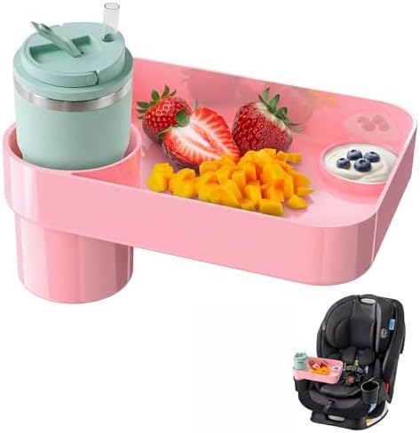 Toddler Car Seat Snack Tray - 3 Inch Cup Holder with Dip Well Fits Most Sippy Cups & Straw Bottles, Mess-Free Square Kids Travel Tray Road Trip Essentials, Pink