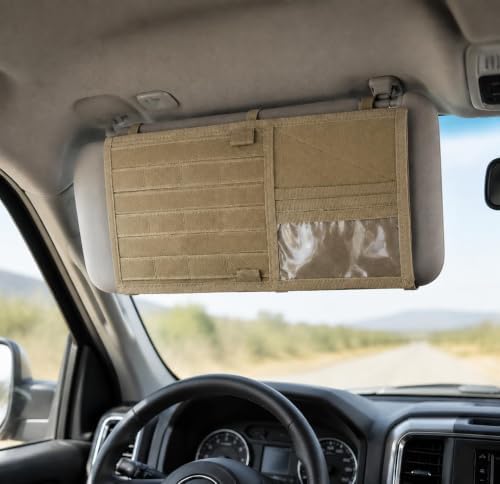Car Sun Visor Organizer, Tactical MOLLE Visor Panel for SUV, Pickup Truck, Jeep & Car – Double-Sided EDC Storage Panel for Sunglasses, Documents, Flashlight, Pens & Tools