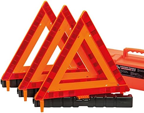 DSV Standard Warning Triangles, Safety Triangles DOT Approved, Plastic, 3 Pack, Reflective Triangles with Heavy Base, FMVSS 571.125 &Carrying Case Included