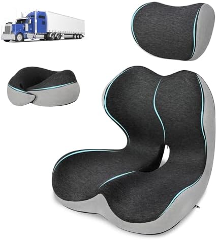 Truck Driver Seat Cushion Set - Memory Foam for Lower Back & Sciatica Pain Relief - Ergonomic Headrest Neck Pillow for Semi Truck & Car Dark Gray