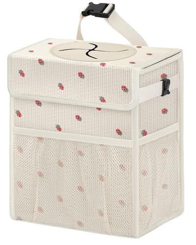 Corduroy Car Trash Can with Lid and Mesh Pockets - Leakproof Organizer,Multipurpose Waterproof Garbage Can/Trash Bin for Car(Off-White Base with Red Strawberry Print-2 Gallons)