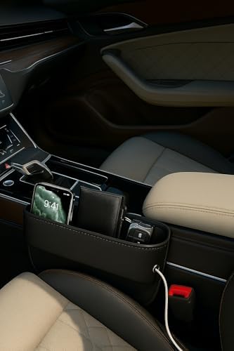AC4®️ 2 Packs Universal Car Seat Gap Filler Organizer | Premium PU Leather Storage for Car, SUV & Trucks | Car Pocket Organizer for front seat, Cable Slots, Wallet, Sunglasses & Essentials.