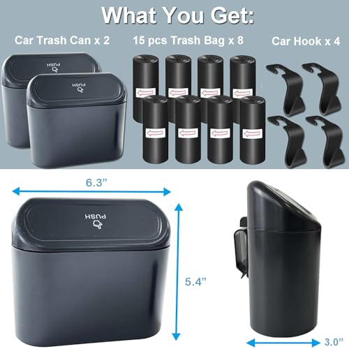 2 Pack Car Trash Can with Lid+4 PCS Car Hooks, Mini Auto Dustbin Trashcan | Includes 120 pcs Trash Bags, Automotive Storage Container Garbage Organizer, Multipurpose Trash Bin for Vehicle, Home, Office