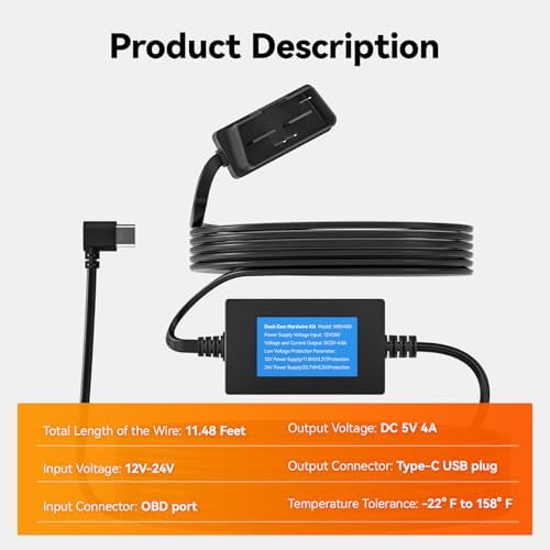 WOLFBOX USB C 4A OBD Hardwire Kit 11.48ft for All WOLFBOX Dash Cams, Converting 12V-24V to 5V, with Battery Drain Protection