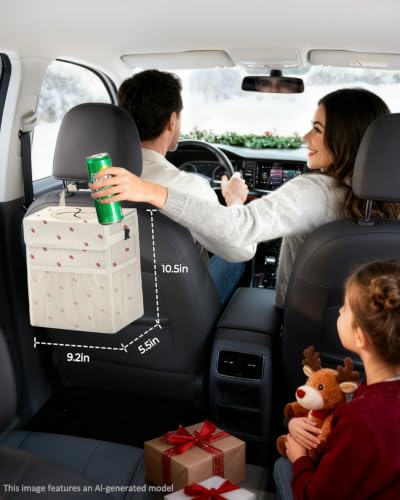 Corduroy Car Trash Can with Lid and Mesh Pockets - Leakproof Organizer,Multipurpose Waterproof Garbage Can/Trash Bin for Car(Off-White Base with Red Strawberry Print-2 Gallons)