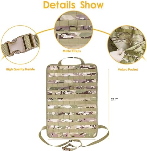 Tactical Vehicle Seat Back Organizer, Universal Tactical Seat Cover Molle Panel with 5 Detachable Pouches - Medical, Phone, Admin Storage Bags Fit for Jeep Truck Car Camping Off Road (CP Camo)