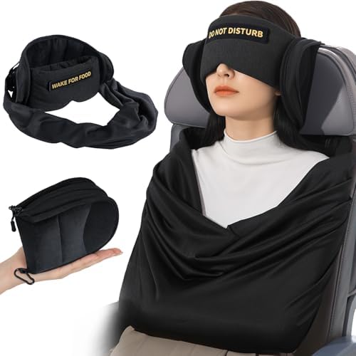 Travel Pillow and Blanket Set, Compact Airplane Pillow Bag with Eye Mask for Long Flights Sleeping, 360° Support Head Strap Travel Essentials for Plane Sleep Neck Upright, Stop Head Bodding (Black)