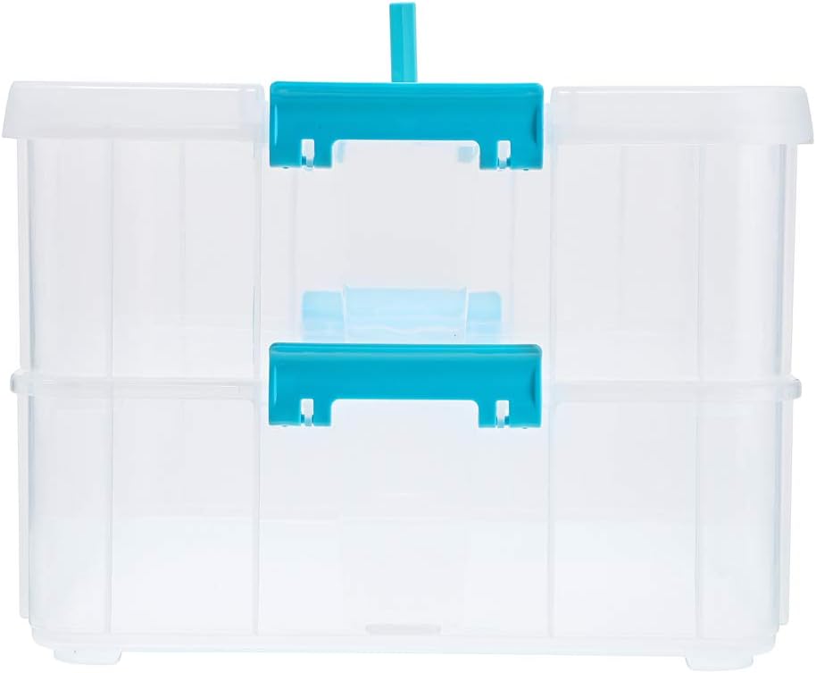 BTSKY 2 Layer Stack & Carry Box, Plastic Multipurpose Portable Storage Container Box Handled Organizer Storage Box for Organizing Stationery, Sewing, Art Craft, Jewelry and Beauty Supplies Blue