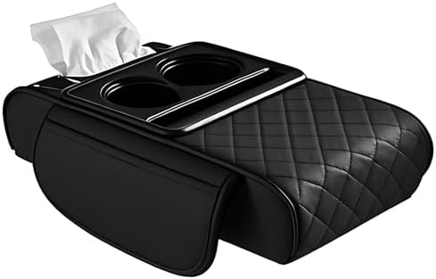 Car Center Console Organizer Armrest Storage Box with 2 Cup Holders-Universal 5-in-1 Leather Cushion Cover,Phone Slot & Tissue Holder for SUV/Sedan(Black)