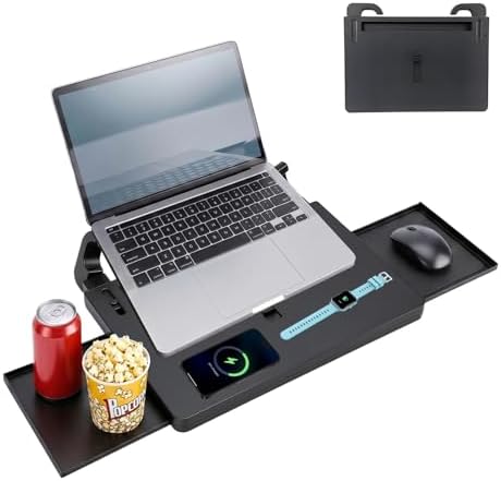 Extendable Steering Wheel Tray, Adjustable Car Desk for Laptop and Tablet, Car Food Tray with Expandable Side Panels and Locking Clip Support for Eating, Working