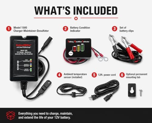 BatteryMINDer 15CEC1B 12V-1.5A Smart Battery Trickle Charger, Maintainer, and Desulfator with Battery Condition Indicator - for Winter and Long Term Storage