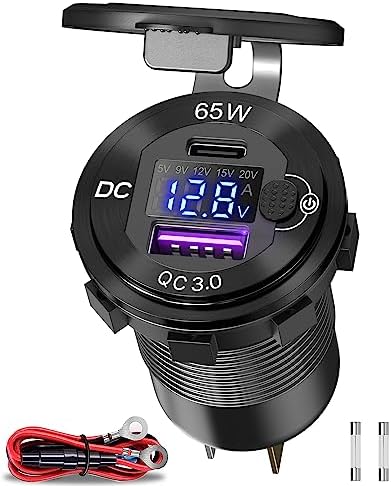 83W 12V USB Power Outlet, Qidoe Aluminum 65W PD Laptop Charger Socket and 18W QC3.0 Car USB Port with Digital Voltmeter Button Switch Smart Boosting 12V Outlet for Car RV Marine Boat Moto