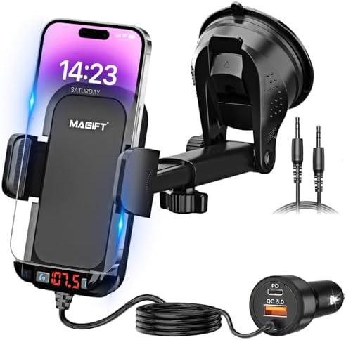 Bluetooth Car Adapter 3 in 1 FM Transmitter Car Radio Bluetooth Transmitter with Phone Holder, PD 54W Fast Charging, Strong Microphone, HiFi Bass Sound, Hands-Free Call, Support USB/TF Drive