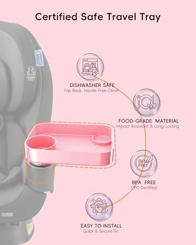 Toddler Car Seat Snack Tray - 3 Inch Cup Holder with Dip Well Fits Most Sippy Cups & Straw Bottles, Mess-Free Square Kids Travel Tray Road Trip Essentials, Pink