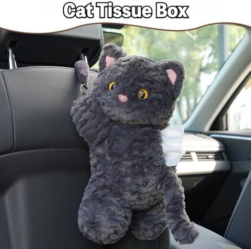 Plush Cat Car Tissue Holder Backseat Hanging Organizer, Black