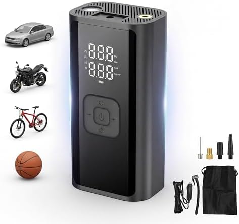 Tire Inflator Portable Air Compressor, 150 PSI 12V DC Corded Car Air Pump with Auto Shut-Off, Digital Display, LED Emergency Light, 3m Power Cord for Car, Motorcycle, Bike, Balls