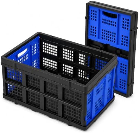 Collapsible Storage Crates 2 Pack, Heavy Duty Foldable Plastic Storage Bins, Stackable Garage & Trunk Organizers for Car, Home, Grocery & Moving Storage, 49L, Blue