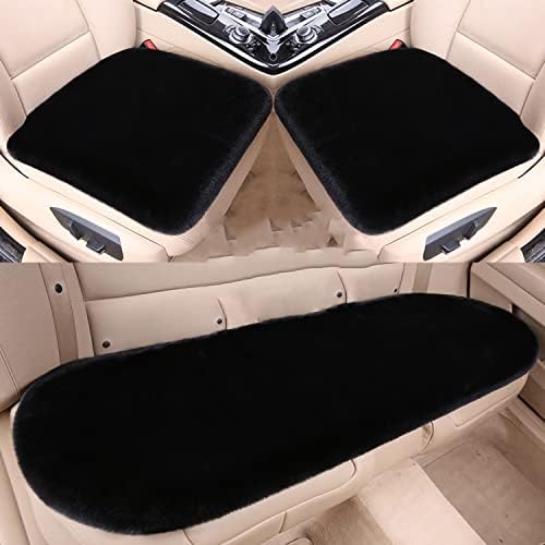 1 Set 3 pcs Soft Fluffy Auto Seat Cover Faux Wool Auto Front &amp; Back Seat Pad Car Seat Cover Protector Cushion Soft Warm for Winter Mat Universal Fit (Black)