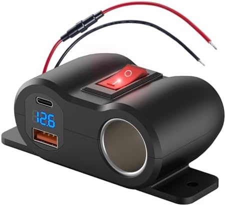 2-in-1 Surface Mount 12V USB Outlet Cigarette Lighter Socket, PD 30W and QC18W Car USB Port Car Charger with Button Switch LED Voltmeter and 120W Socket, Suitable for Cars, Boats, RVs and ATVs