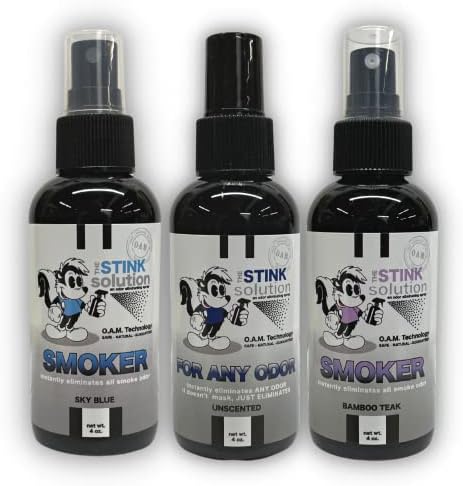 The Stink Solution Smoke Odor Eliminator Spray - Completely Remove Smoke Smell From House, Car, Clothes, Hair, & More - Best Odor Eliminator For Smoke - Bamboo Teak, Sky Blue, & Unscented 4 oz Bottles