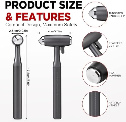 2 Pack 6.9" Heavy Duty Car Window Breaker, Tungsten Carbide Emergency Escape Tool for Laminated Glass, All Metal Safety Hammer with Seat Belt Cutter for Modern Vehicles