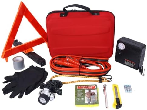 Car Emergency Kit, Roadside Safety Kit with 12V Air Compressor 150 PSI, Jumper Cables 12FT 8GA First Aid Kit, LED Headlamp Tire Gauge Warning Triangle & Survival Tools for Cars Trucks & Winter Safety