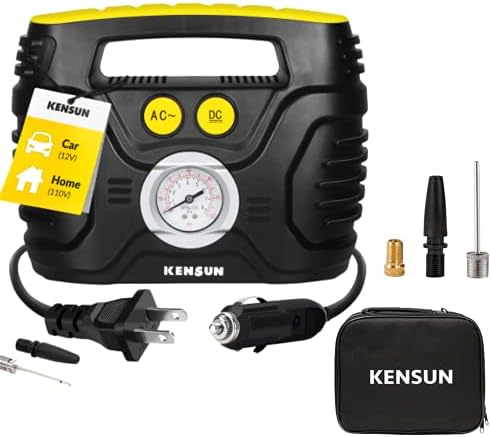 Kensun Portable Air Compressor Pump for Car 12V DC and Home 110V AC Swift Performance Tire Inflator 100 PSI for Car - Bicycle - Motorcycle - Basketball and Others with Analog Pressure Gauge (AC/DC)