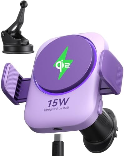 INIU 3-in-1 Magnetic Wireless Car Charger- Extra Clamp for Bumpy Road, Cooling Fan to Extend Battery Life, Original Qi2 Certified 15W Fast Charging for iPhone 12-17 Series Car Charger Holder, Purple