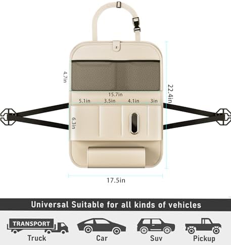 GMQ Backseat Car Organizer with Tray 1 Pack,Car Backseat Organizer with Foldable Table for Kids,Multifunctional Seat Back Organizer with Storage Pockets Car Storage Organizer (Beige)