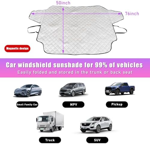 Ziciner Car Windshield Snow Cover, 76'' x 49.6'' Magnetic Front Windshield Cover with 4 Layers Protection, Auto Snow, Ice, Sun, Frost Defense, Universal Winter Exterior Accessories