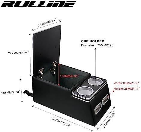 RULLINE Bench seat center console Universal Truck Seat/Bench Organizer with Cup Holders, Armrest, and Padded Top Lid - Ideal for Business and Storage - 124810 Contractor Console Black