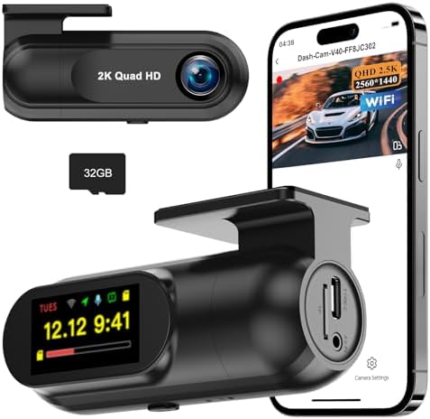 Dash Cam Front with 32G SD Card, CHORTAU 2K FHD Car Driving Recorder 1.47'' IPS Screen 170°Wide Angle Camera for Cars with APP, Night Vision,24H Parking Mode, Loop Recording, Motion Detection