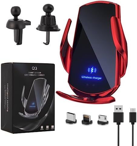 Wireless Car Charger Vent Mount Automotive Electric Induction 15W Wireless Charger Car Vent Mount Bracket Fast Charging Auto-Clamping Car Phone Holder Mount Air Vent Phone Holde(Red)