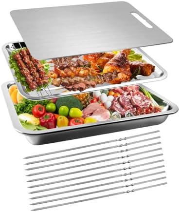 Grill Carry System, grill prep trays 13Pcs,Large Stainless Steel Trays for Food,Stainless Steel Cutting Board & reusable skewers,BBQ Grill Accessories, Grilling Gifts for Men
