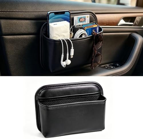Car Seat Side Organizer, PU Leather Adhesive Storage Pocket, Car & Truck Interior Accessories, Auto Door Console Gap Filler, Sunglass Holder & Phone Pouch for Keys, Wallet, Cards, Pen, Black