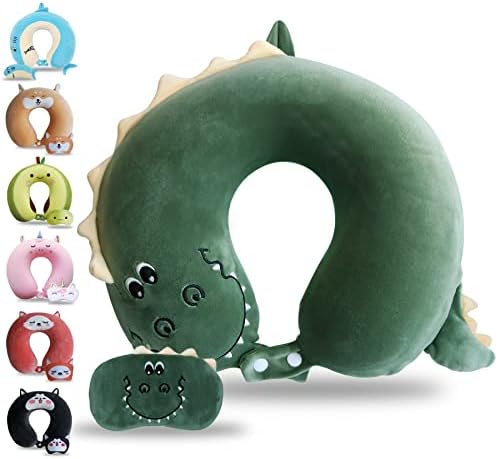 Sexysamba Cartoon Headrest & Neck Pillow for Kids Boys & Girls, Teens, Travel Accessories for Airplane, Car, Recline, Memory Foam Cute Travel Pillow with Sleep Eye Mask - Dinosaur
